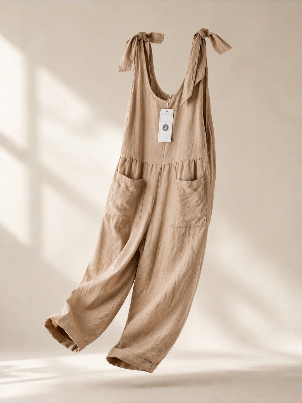 Tie-Shoulder Linen Blend Jumpsuit in Tan